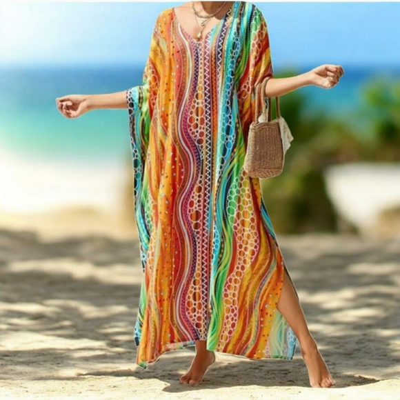 Dresses & Skirts - Kaftan Dress Cover Up Swim Maxi Wavy Sunshine 2X Plus Size NEW 🌈 LAST 1 🌞